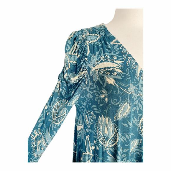 FREE PEOPLE Hello Lover Blue Green Tunic Top Shoulder Long Sleeves V-Neck Small - Picture 7 of 10